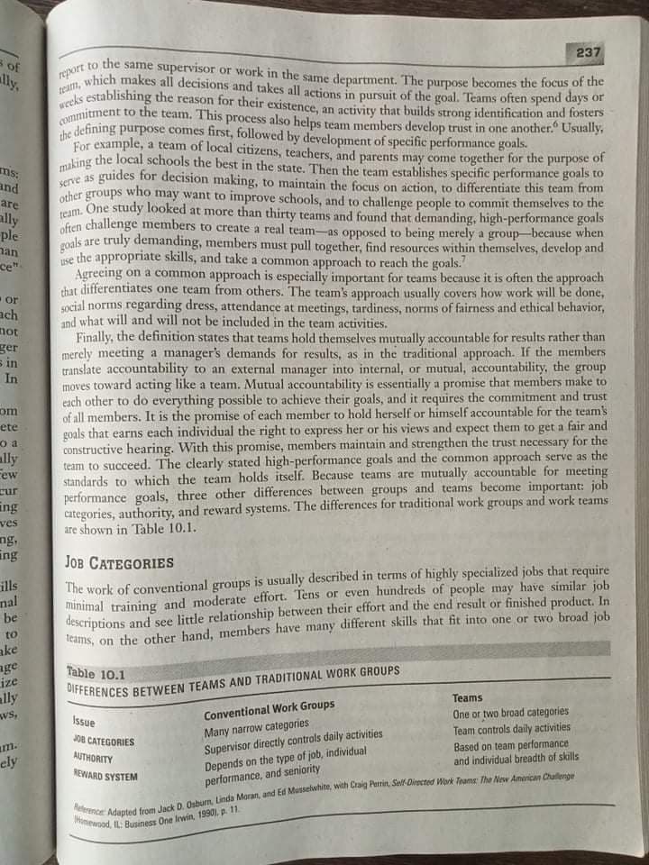 report to the same supervisor or work in the same department. The purpose becomes the focus of the
weeks establishing the reason for their existence, an activity that builds strong identification and fosters
237
s of
lly,
team,
which makes all decisions and takes all actions in pursuit of the goal. Teams often spend days or
Commitment
to the team. T his process also helps team members develop trust in one another." Usualy,
making
guides for decision making, to maintain the focus on action, to differentiate this team from
defining purpose comes first, followed by development of specific performance goals.
For example, a team of local citizens, teachers, and parents may come together for the purpose o
the local schools the best in the state. Then the team establishes specific performance goals to
ms:
and
serve as
groups who
One study looked at more than thirty teams and found that demanding, high-performance goals
other
may want to improve schools, and to challenge people to commit themselves to the
are
ally
ple
nan
ce"
team.
often challenge members to create a real team-as opposed to being merely a group-because when
goals are
ise the appropriate skills, and take a common approach to reach the goals."
Agrecing on a common approach is especially important for teams because it is often the approach
that differentiates one team from others. The team's approach usually covers how work will be done,
social norms regarding dress, attendance at meetings, tardiness, norms of fairness and ethical behavior,
nd what will and will not be included in the team activities.
Finally, the definition states that teams hold themselves mutually accountable for results rather than
merely meeting a manager's demands for results, as in the traditional approach. If the members
translate accountability to an external manager into internal, or mutual, accountability, the group
moves toward acting like a team. Mutual accountability is essentially a promise that members make to
each other to do everything possible to achieve their goals, and it requires the commitment and trust
of all members. It is the promise of each member to hold herself or himself accountable for the team's
goals that earns each individual the right to express her or his views and expect them to get a fair and
constructive hearing. With this promise, members maintain and strengthen the trust necessary for the
team to succeed. The clearly stated high-performance goals and the common approach serve as the
standards to which the team holds itself. Because teams are mutually accountable for meeting
performance goals, three other differences between groups and teams become important: job
categories, authority, and reward systems. The differences for traditional work groups and work teams
are shown in Table 10.1.
truly demanding, members must pull together, find resources within themselves, develop and
or
ach
not
ger
s in
In
om
ete
o a
ally
Few
cur
ing
ves
ng,
ing
JOB CATEGORIES
ills
nal
be
The work of conventional groups is usually described in terms of highly specialized jobs that require
minimal training and moderate effort. Tens or even hundreds of people may have similar job
descriptions and see little relationship between their effort and the end result or finished product. In
teams, on the other hand, members have many different skills that fit into one or two broad job
to
ake
age
ize
ally
ws,
Table 10.1
DIFFERENCES BETWEEN TEAMS AND TRADITIONAL WORK GROUPS
Teams
Issue
Conventional Work Groups
Many narrow categories
Supervisor directly controls daily activities
Depends on the type of job, individual
performance, and seniority
One or two broad categories
Team controls daily activities
Based on team performance
and individual breadth of skills
JOB CATEGORIES
am.
ely
AUTHORITY
REWARD SYSTEM
