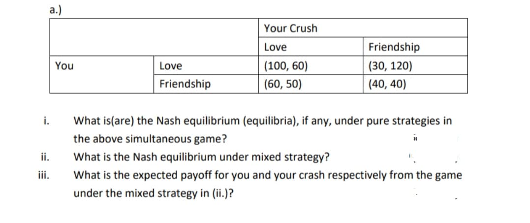 а.)
Your Crush
Love
Friendship
You
Love
(100, 60)
(30, 120)
Friendship
(60, 50)
(40, 40)
i.
What is(are) the Nash equilibrium (equilibria), if any, under pure strategies in
the above simultaneous game?
i.
What is the Nash equilibrium under mixed strategy?
ii.
What is the expected payoff for you and your crash respectively from the game
under the mixed strategy in (ii.)?
