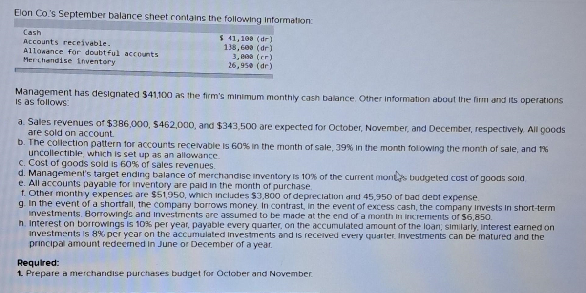 Elon Co.'s September balance sheet contains the following information:
$ 41,100 (dr)
138,600 (dr)
3,000 (cr)
26,950 (dr)
Cash
Accounts receivable.
Allowance for doubtful accounts
Merchandise inventory
Management has designated $41,100 as the firm's minimum monthly cash balance. Other Information about the firm and its operations
is as follows:
a. Sales revenues of $386,000, $462,000, and $343,500 are expected for October, November, and December, respectively. All goods
are sold on account.
b. The collection pattern for accounts receivable is 60% in the month of sale, 39% In the month following the month of sale, and 1%
uncollectible, which is set up as an allowance.
c. Cost of goods sold is 60% of sales revenues.
d. Management's target ending balance of merchandise inventory is 10% of the current month's budgeted cost of goods sold.
e. All accounts payable for Inventory are paid in the month of purchase.
f. Other monthly expenses are $51,950, which includes $3,800 of depreciation and 45,950 of bad debt expense.
g. In the event of a shortfall, the company borrows money. In contrast, in the event of excess cash, the company Invests in short-term
Investments. Borrowings and Investments are assumed to be made at the end of a month in Increments of $6,850.
h. Interest on borrowings is 10% per year, payable every quarter, on the accumulated amount of the loan; similarly, Interest earned on
Investments is 8% per year on the accumulated Investments and is received every quarter. Investments can be matured and the
principal amount redeemed in June or December of a year.
Required:
1. Prepare a merchandise purchases budget for October and November.