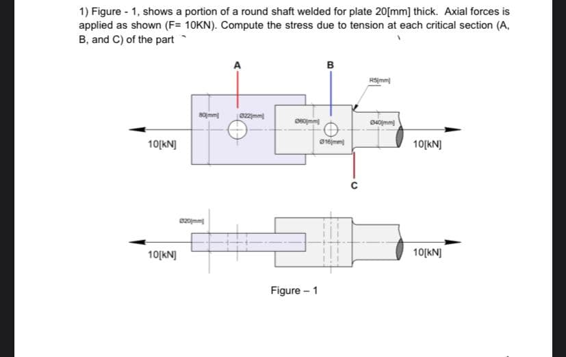 1) Figure - 1, shows a portion of a round shaft welded for plate 20[mm] thick. Axial forces is
applied as shown (F= 10KN). Compute the stress due to tension at each critical section (A.
B, and C) of the part
A
B
RSjmm
somm
10[kN]
10[kN)
10[kN]
10[kN)
Figure – 1
