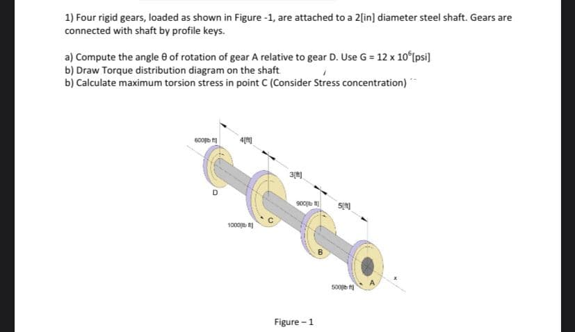 1) Four rigid gears, loaded as shown in Figure -1, are attached to a 2[in] diameter steel shaft. Gears are
connected with shaft by profile keys.
a) Compute the angle 8 of rotation of gear A relative to gear D. Use G = 12 x 10 Ipsi]
b) Draw Torque distribution diagram on the shaft
b) Calculate maximum torsion stress in point C (Consider Stress concentration)
600b
4[]
3间
900b n)
1000b R)
500b t)
Figure - 1
