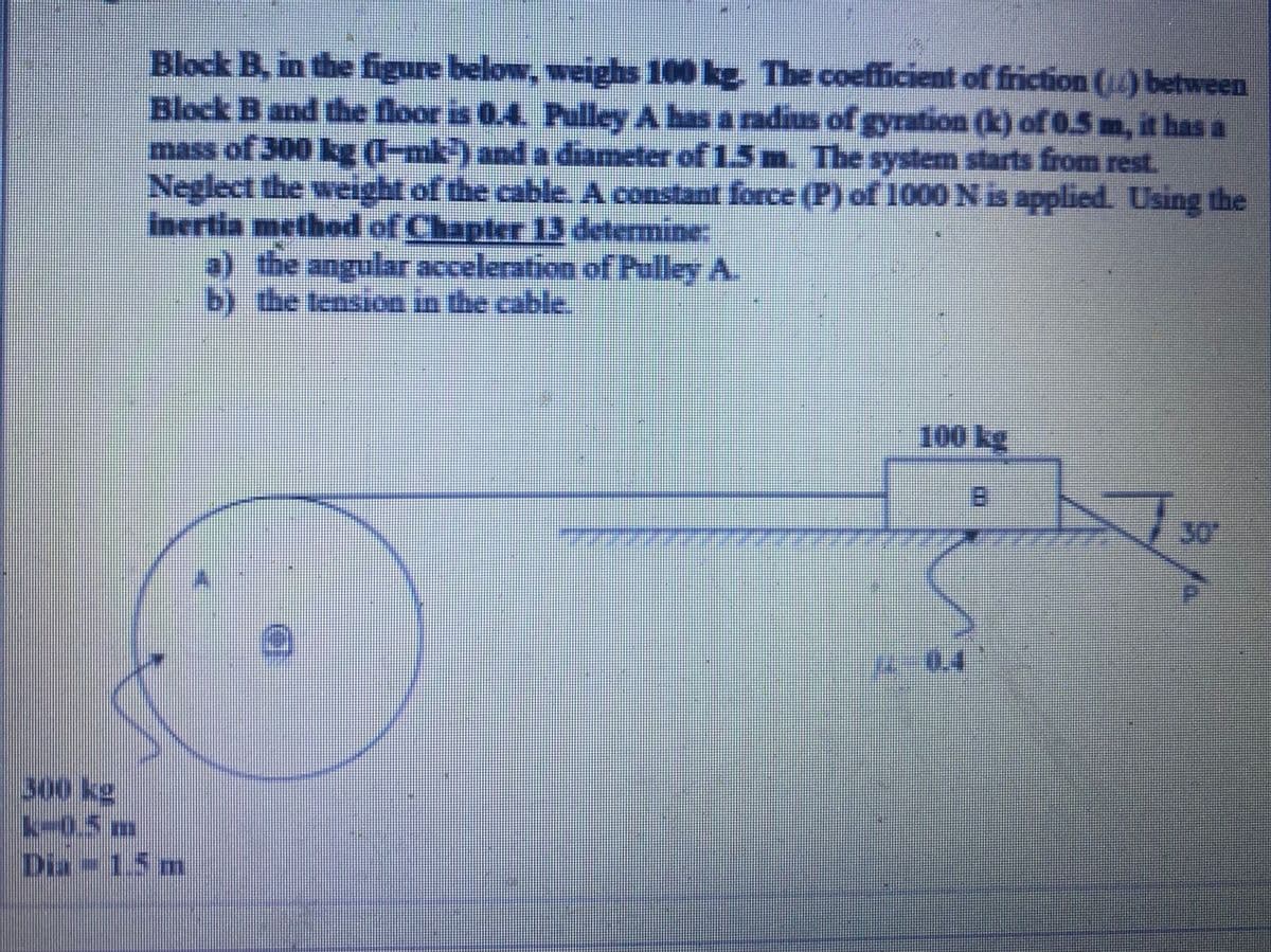 Block B, in the figure below, weighs 100 kg. The coefficient of friction () between
Block B and the floor is 0.4. Pulley A has a radius of gyration (k) of 0.5 m, it has a
mass of 300 kg (I-mk-) and a diameter of 15m. The system starts from rest.
Neglect the weight of the cable. A constant force (P) of 1000 N is applied. Using the
incrtia method of Chapter 13 determine:
a) the angular acceleration of Pulley A
b) the tension in the cable
100 kg
B.
30
300 kg
k-0.5m
Dia-1.5 m
