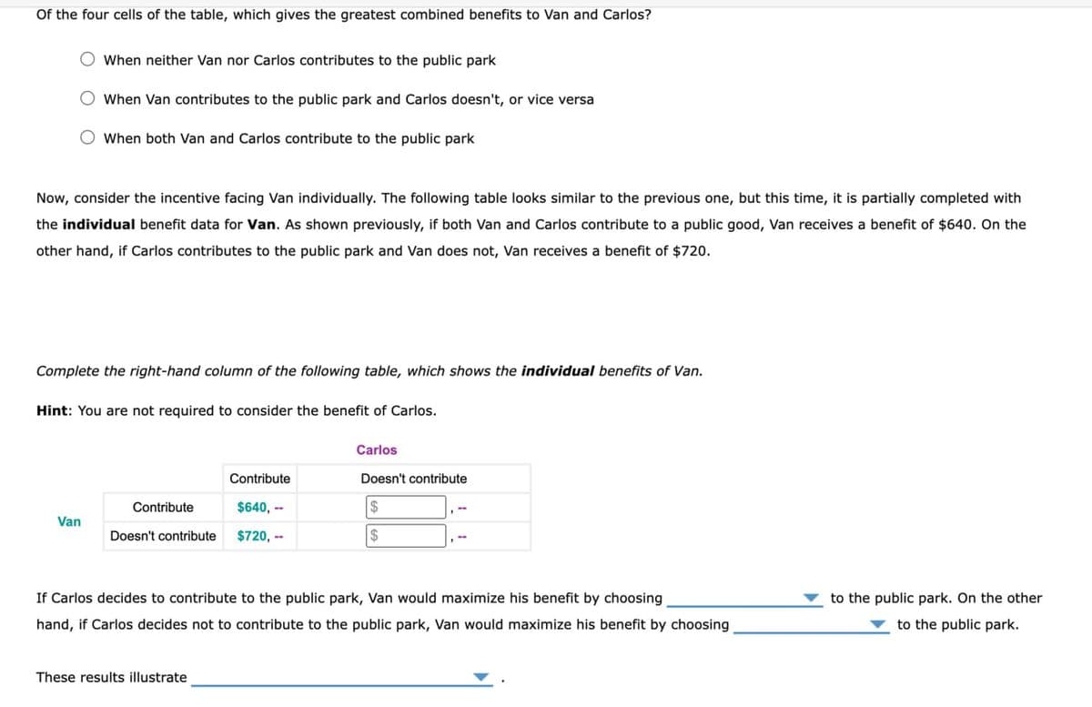 Of the four cells of the table, which gives the greatest combined benefits to Van and Carlos?
When neither Van nor Carlos contributes to the public park
When Van contributes to the public park and Carlos doesn't, or vice versa
When both Van and Carlos contribute to the public park
Now, consider the incentive facing Van individually. The following table looks similar to the previous one, but this time, it is partially completed with
the individual benefit data for Van. As shown previously, if both Van and Carlos contribute to a public good, Van receives a benefit of $640. On the
other hand, if Carlos contributes to the public park and Van does not, Van receives a benefit of $720.
Complete the right-hand column of the following table, which shows the individual benefits of Van.
Hint: You are not required to consider the benefit of Carlos.
Carlos
Contribute
Contribute
$640,--
Doesn't contribute
$
Van
Doesn't contribute $720, --
$
If Carlos decides to contribute to the public park, Van would maximize his benefit by choosing
hand, if Carlos decides not to contribute to the public park, Van would maximize his benefit by choosing
to the public park. On the other
to the public park.
These results illustrate