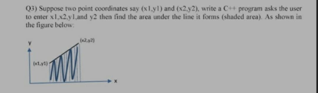 Q3) Suppose two point coordinates say (x1.yl) and (x2.y2), write a C+ program asks the user
to enter x1,x2,y1,and y2 then find the area under the line it forms (shaded area). As shown in
the figure below:
(x2,y2)
(x1.y1)
