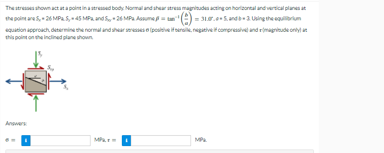 The stresses shown act at a point in a stressed body. Normal and shear stress magnitudes acting on horizontal and vertical planes at
= 31.0.a= 5, and b = 3. Using the equilibrium
equation approach, determine the normal and shear stresses o (positive if tensile, negative if compressive) and r(magnitude only) at
the point are S, = 26 MPa, S, = 45 MPa, and Sy = 26 MPa. Assume = tan-'
this point on the inclined plane shown.
Answers:
MPa, r=
MPa.
