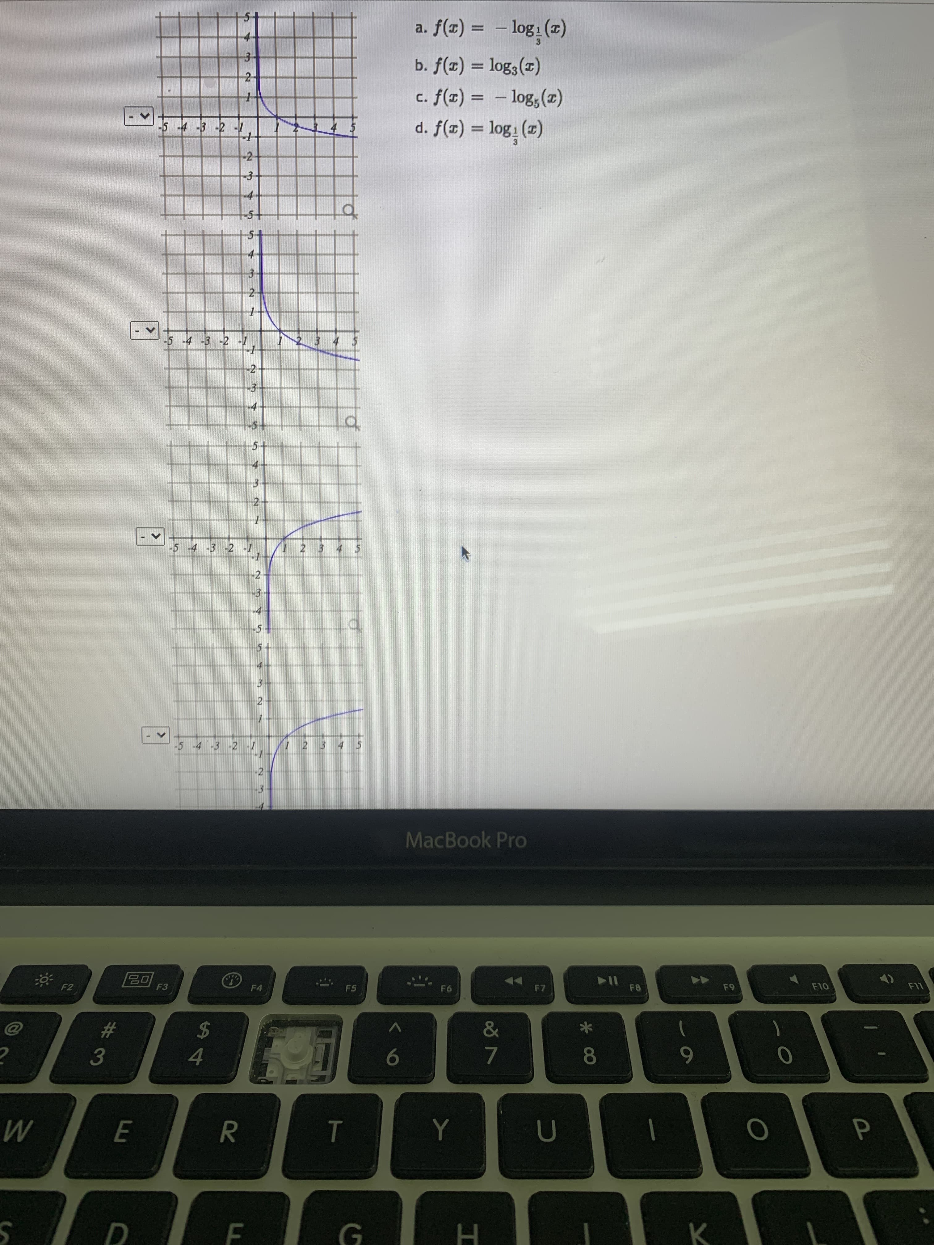 a. f(z) = – log:(z)
= -
3
b. f(z) = log3(x)
c. f(x) = - log;()
d. f(x) = log:()
%3D
3
