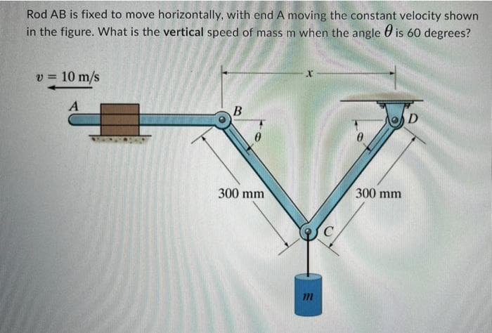 Rod AB is fixed to move horizontally, with end A moving the constant velocity shown
in the figure. What is the vertical speed of mass m when the angle 0 is 60 degrees?
v = 10 m/s
D
300 mm
300 mm
