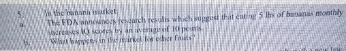 In the banana market
The FDA announces research results which suggest that cating 5 lbs of bananas monthly
increases IQ scores by an average of 10 points.
What happens in the market for other fruits?
5.
a.
h newlaw
