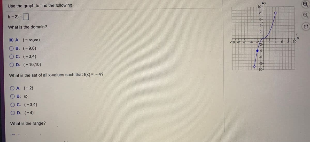 Use the graph to find the following.
Ay
10-
8-
f(- 2) =|
6-
4-
What is the domain?
2-
A. (-00,00)
-10-8-6 -4 -2/
2 4
2-
6 8 10
O B. (-9,8)
-4-
O C. (-3,4)
-6-
-8-
O D. (-10,10)
10
What is the set of all x-values such that f(x) = -4?
O A. {-2}
О В. О
OC. (-3,4)
O D. {-4}
What is the range?
