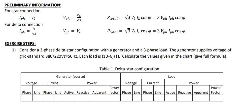 PRELIMINARY INFORMATION:
For star connection
Iph = 1
Vph =
Ptotal = V3 V1 IL cos q = 3 Vph Iph CoS P
For delta connection
Iph =
Vph = V.
Ptotal = V3 V, I̟ cos p = 3 Vph !ph COS P
EXERCISE STEPS:
1) Consider a 3-phase delta-star configuration with a generator and a 3-phase load. The generator supplies voltage of
grid-standard 380/220V@50HZ. Each load is (10+8j) N. Calculate the values given in the chart (give full formula).
Table 1. Delta-star configuration
Generator (source)
Load
Voltage
Current
Power
Voltage
Current
Power
Power
Power
Phase Line Phase Line Active Reactive Apparent factor Phase Line Phase Line
Active Reactive Apparent Factor
