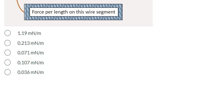 Force per length on this wire segment
1.19 mN/m
0.213 mN/m
0.071 mN/m
0.107 mN/m
0.036 mN/m
