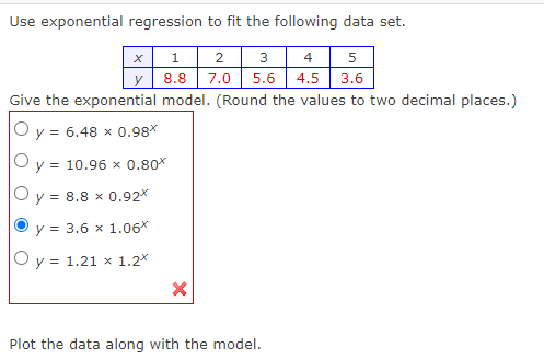 Use exponential regression to fit the following data set.
5
1 2 3 4
8.8 7.0 5.6 4.5 3.6
Give the exponential model. (Round the values to two decimal places.)
y = 6.48 x 0.98*
X
y = 10.96 x 0.80*
Oy = 8.8 x 0.92*
y = 3.6 x 1.06*
O y = 1.21 x 1.2*
X
Plot the data along with the model.