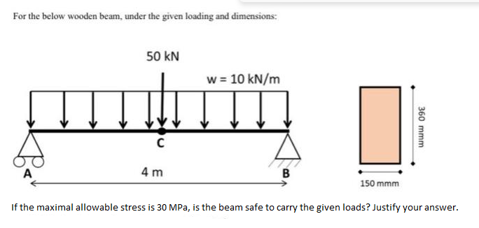 For the below wooden beam, under the given loading and dimensions:
A
50 kN
C
4 m
w = 10 kN/m
B
150 mmm
360 mmm
If the maximal allowable stress is 30 MPa, is the beam safe to carry the given loads? Justify your answer.