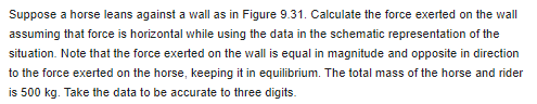 Suppose a horse leans against a wall as in Figure 9.31. Calculate the force exerted on the wall
assuming that force is horizontal while using the data in the schematic representation of the
situation. Note that the force exerted on the wall is equal in magnitude and opposite in direction
to the force exerted on the horse, keeping it in equilibrium. The total mass of the horse and rider
is 500 kg. Take the data to be accurate to three digits.