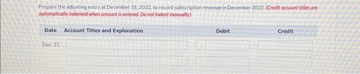 Prepare the adjusting entry at December 31, 2022, to record subscription revenue in December 2022. (Credit account titles are
automatically indented when amount is entered. Do not indent manually.)
Date Account Titles and Explanation
Dec 31
Debit
Credit