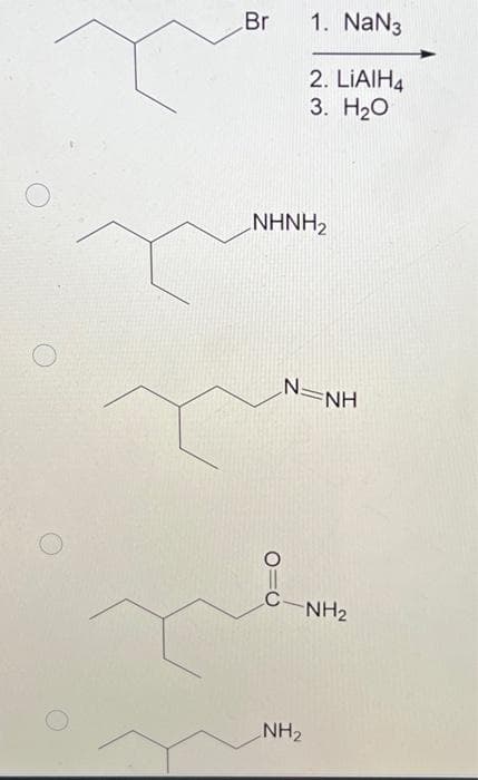 Br
NHNH,
(=O
N
1. NaN3
2. LIAIH4
3. H₂O
NH₂
NH
CNH2