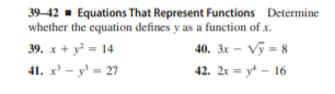 39–42 - Equations That Represent Functions Determine
whether the equation defines y as a function of x.
39. x + y = 14
40. 3x - Vỹ = 8
41. x' - y' - 27
42. 2r = y* – 16
