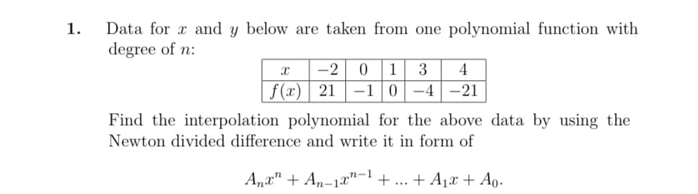 Data for x and y below are taken from one polynomial function with
degree of n:
1.
-2
1
3
4
| f(x) | 21
-1
0 -4 -21
Find the interpolation polynomial for the above data by using the
Newton divided difference and write it in form of
Ana" + An-1x"-1 + ... + A1x + Ao.
