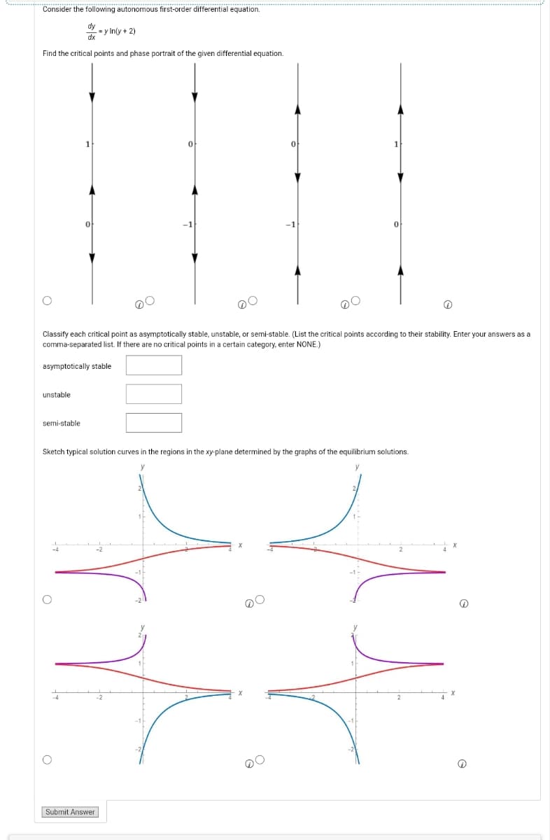 Consider the following autonomous first-order differential equation.
dy
dx
Find the critical points and phase portrait of the given differential equation.
unstable
semi-stable
=yIn(y + 2)
O
0
Classify each critical point as asymptotically stable, unstable, or semi-stable. (List the critical points according to their stability. Enter your answers as a
comma-separated list. If there are no critical points in a certain category, enter NONE.)
asymptotically stable
Submit Answer
0
Sketch typical solution curves in the regions in the xy-plane determined by the graphs of the equilibrium solutions.
0
00
Ⓡ
니