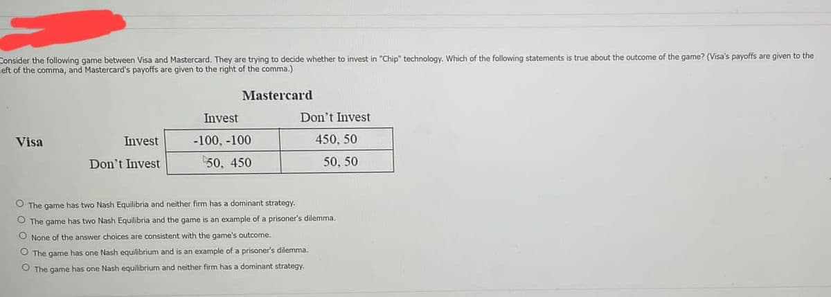 Consider the following game between Visa and Mastercard. They are trying to decide whether to invest in "Chip" technology. Which of the following statements is true about the outcome of the game? (Visa's payoffs are given to the
left of the comma, and Mastercard's payoffs are given to the right of the comma.)
Mastercard
Invest
Don't Invest
Visa
Invest
-100, -100
450, 50
Don't Invest
50, 450
50, 50
O The game has two Nash Equilibria and neither firm has a dominant strategy.
O The game has two Nash Equilibria and the game is an example of a prisoner's dilemma.
O None of the answer choices are consistent with the game's outcome.
O The game has one Nash equilibrium and is an example of a prisoner's dilemma.
O The game has one Nash equilibrium and neither firm has a dominant strategy.
