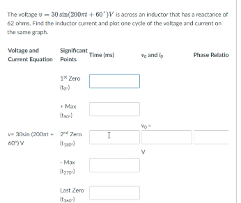 The voltage v = 30 sin(200xt + 60")V is across an inductor that has a reactance of
62 ohms. Find the inductor current and plot one cycle of the voltage and current on
the same graph.
Voltage and
Significant
Time (ms)
Vg and io
Phase Relatio
Current Equation Points
1* Zero
(ta)
+ Max
(tyor)
v- 30sin (200nt + 2rd Zero
(L180-)
I
60) V
- Max
(tz70)
Last Zero
(t3s0)
