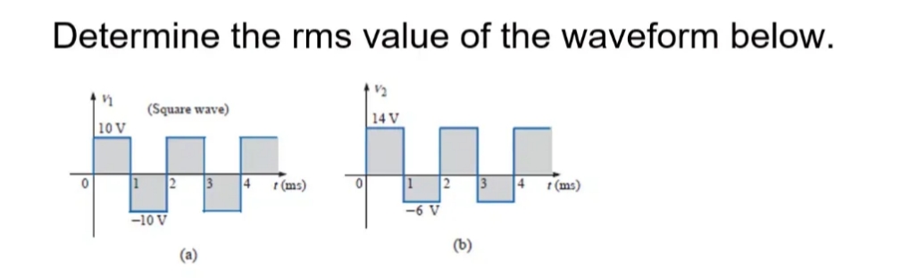 Determine the rms value of the waveform below.
(Square wave)
| 14 V
10 V
2
3
4
t (ms)
t (ms)
-6 V
-10 V
(b)
(a)
