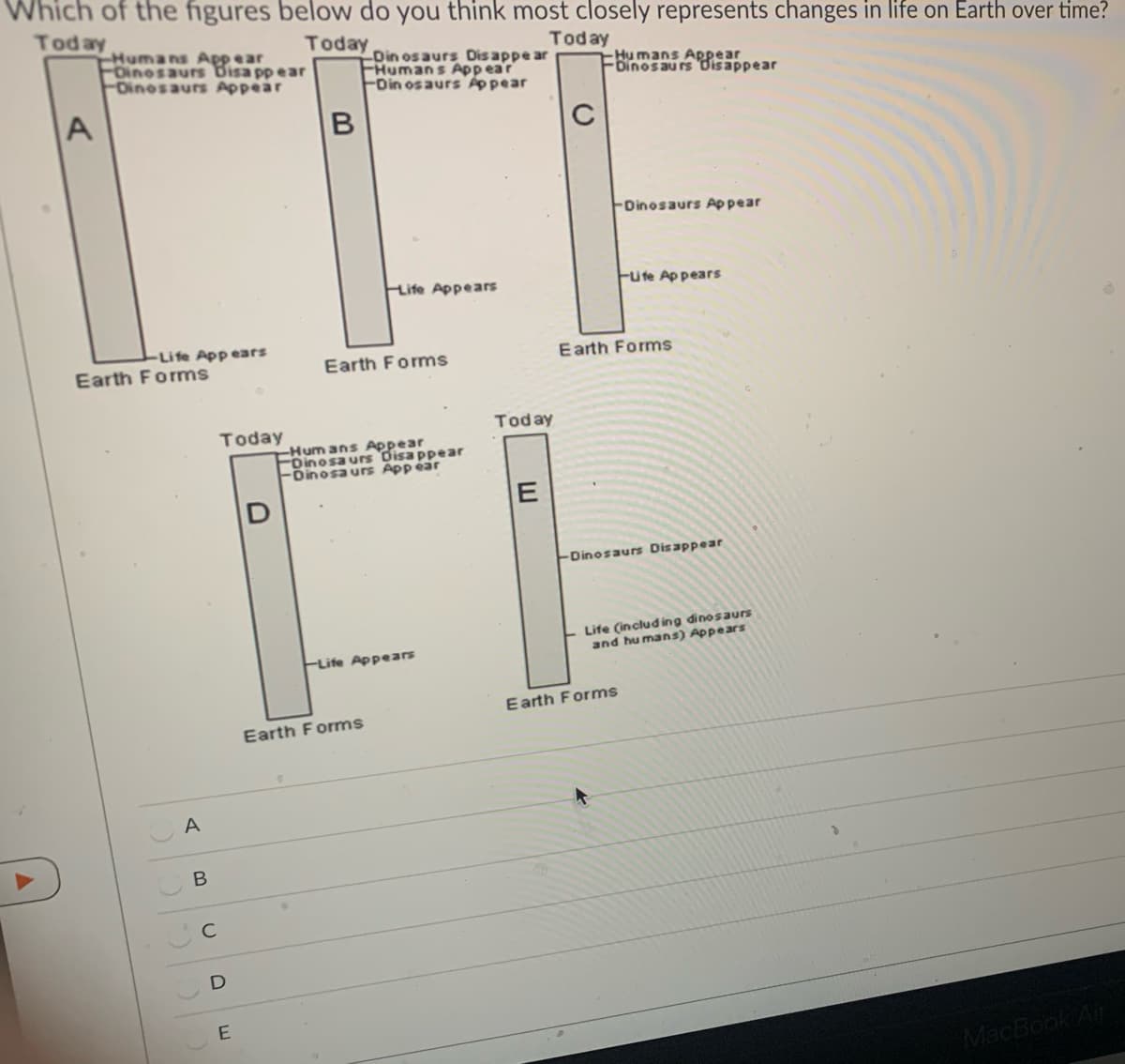 Which of the figures below do you think most closely represents changes in life on Earth over time?
Today
Today
Humans Appear
FDinosaurs Bisa pp ear
Dinosaurs Appear
Today
Din os aurs Dis appe ar
FHumans Appear
FDin os aurs Áppear
Hu mans Appear
Dinosaurs Disappear
A
B
C
FDinosaurs Appear
Life Appears
Fufe Appears
-Life App ears
Earth Forms
Earth Forms
Earth Forms
Today
Today
Hum ans Appear
FDinosa urs Oisa ppear
FDinosa urs Appéar
Dinosaurs Disappear
Life (includ ing dinosaurs
and hu mans) Appears
FLife Appears
Earth Forms
Earth Forms
A
D
E
MacBook Air
