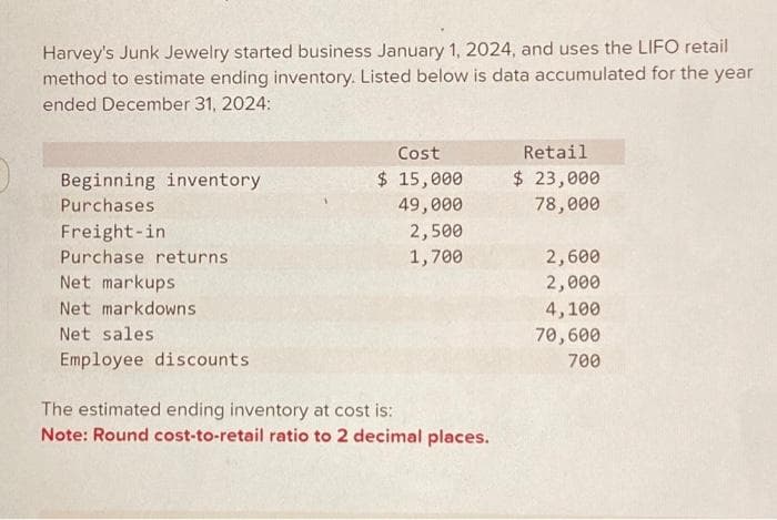 Harvey's Junk Jewelry started business January 1, 2024, and uses the LIFO retail
method to estimate ending inventory. Listed below is data accumulated for the year
ended December 31, 2024:
Beginning inventory
Purchases
Freight-in
Purchase returns
Net markups
Net markdowns
Net sales
Employee discounts
Cost
$ 15,000
49,000
2,500
1,700
The estimated ending inventory at cost is:
Note: Round cost-to-retail ratio to 2 decimal places.
Retail
$ 23,000
78,000
2,600
2,000
4,100
70,600
700