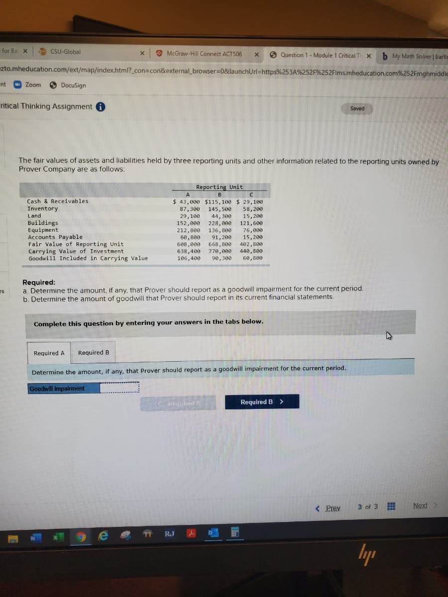 -for Ba X
* CSU-Global
O McGraw-Hill Connect ACT506
S Question 1- Module 1 Critical T X
b My Math Solver | bartle
ezto.mheducation.com/ext/map/index.html?_con=con&external_browser=0&launchUrl=https%253A%252F%252Flms.mheducation.com%252Fmghmiddle
Zoom
O DocuSign
nt
ritical Thinking Assignment 6
Saved
The fair values of assets and liabilities held by three reporting units and other information related to the reporting units owned by
Prover Company are as follows:
Reporting Unit
A
B.
Cash & Receivables
Inventory
$ 43,000 $115, 100 $ 29,100
87,300
29, 100
58, 200
15,200
145, 500
Land
44, 300
Buildings
Equipment
Accounts Payable
Fair Value of Reporting Unit
Carrying Value of Investment
Goodwill Included in Carrying Value
228, 000
136, 800
91, 200
668,800
770, 000
90,300
152,000
121,600
212,800
60,800
608,000
638,400
106,400
76,000
15,200
402,800
440,800
60,800
Required:
a. Determine the amount, if any, that Prover should report as a goodwill impairment for the current period.
b. Determine the amount of goodwill that Prover should report in its current financial statements.
Complete this question by entering your answers in the tabs below.
Required A
Required B
Determine the amount, if any, that Prover should report as a goodwill impairment for the current period.
Goodwill impairment
equiredA
Required B >
< Prev
3 of 3 E
Next>
I RJ A D
lyp
