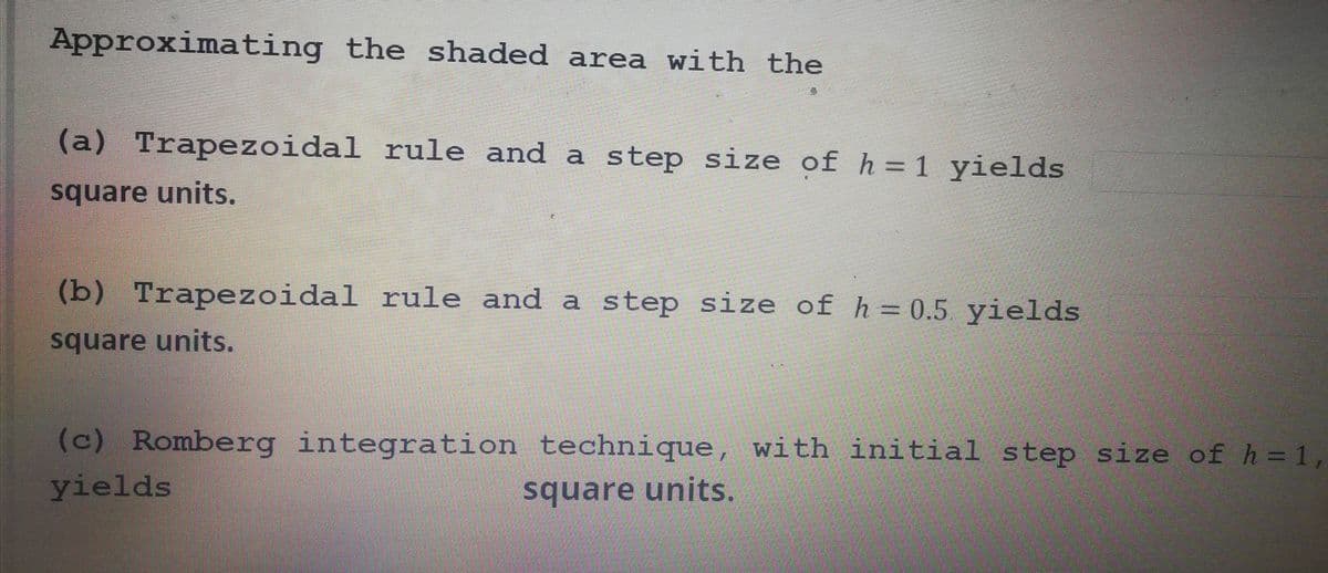 Approximating the shaded area with the
(a) Trapezoidal rule and a step size of h=1 yields
square units.
(b) Trapezoidal rule and a step size of h = 0.5 yields
square units.
(c) Romberg integration technique, with initial step size of h=1,
yields
square units.