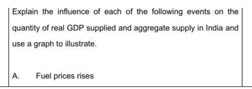 Explain the influence of each of the following events on the
quantity of real GDP supplied and aggregate supply in India and
use a graph to illustrate.
A. Fuel prices rises