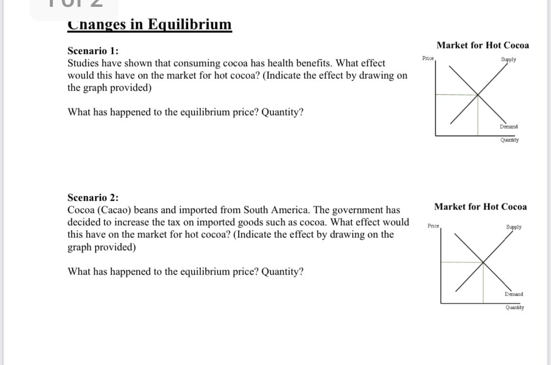 Changes in Equilibrium
Market for Hot Cocoa
Scenario 1:
Price
Supply
Studies have shown that consuming cocoa has health benefits. What effect
would this have on the market for hot cocoa? (Indicate the effect by drawing on
the graph provided)
What has happened to the equilibrium price? Quantity?
Demand
Quantity
Scenario 2:
Market for Hot Cocoa
Cocoa (Cacao) beans and imported from South America. The government has
decided to increase the tax on imported goods such as cocoa. What effect would
this have on the market for hot cocoa? (Indicate the effect by drawing on the
graph provided)
Price
Supply
What has happened to the equilibrium price? Quantity?
Demand
Quantity
