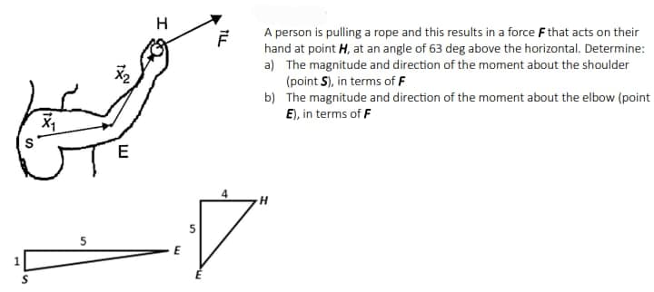 1
S
X₁
X₂
E
I
TLL
s
F
A person is pulling a rope and this results in a force ♬ that acts on their
hand at point H, at an angle of 63 deg above the horizontal. Determine:
The magnitude and direction of the moment about the shoulder
(point S), in terms of F
a)
b)
The magnitude and direction of the moment about the elbow (point
E), in terms of F
H
V
E
E