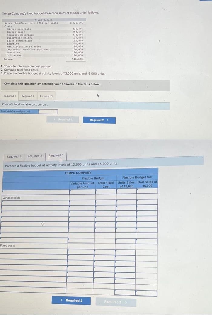 Tempo Company's fixed budget (based on sales of 14,000 units) folllows.
Fixed Budget
x $209 per unit)
Sales (14,000 units
Costs
Direct materials
Direct labor
Indirect materials
Supervisor salary.
Sales commissions
Shipping
Administrative salaries
Depreciation office equipment
Insurance
Office rent
Income
Required 1
1. Compute total variable cost per unit.
2. Compute total fixed costs.
3. Prepare a flexible budget at activity levels of 12,000 units and 16,000 units.
Complete this question by entering your answers in the tabs below.
Compute total variable cost per unit.
Total variable cost per unit
Required 2 Required 31
Required 1 Required 21
Variable costs
Fixed costs
2,926,000
336,000
588,000
378,000
136,000
112,000
224,000
186,000
156,000
+
126,000
136,000
548,000
Required 3
< Required 1
Prepare a flexible budget at activity levels of 12,000 units and 16,000 units.
TEMPO COMPANY
Required 2 >
Flexible Budget
Variable Amount Total Fixed
Cost
per Unit
< Required 2
Flexible Budget for:
Units Sales Unit Sales of
16,000
of 12,000
Required 3 >