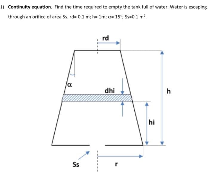 1) Continuity equation. Find the time required to empty the tank full of water. Water is escaping
through an orifice of area Ss. rd= 0.1 m; h= 1m; a= 15°; Ss=0.1 m?.
rd
dhi
h
hi
Ss
r
