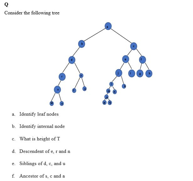 Q
Consider the following tree
a. Identify leaf nodes
b. Identify internal node
c. What is height of T
d. Descendent of e, r and n
e. Siblings of d, c, and u
f. Ancestor of s, c and a
