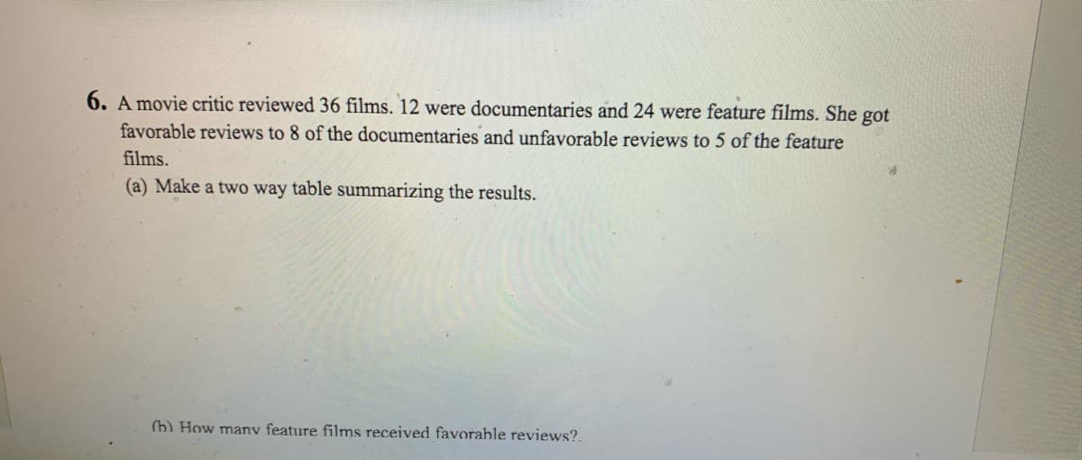 6. A movie critic reviewed 36 films. 12 were documentaries and 24 were feature films. She got
favorable reviews to 8 of the documentaries and unfavorable reviews to 5 of the feature
films.
(a) Make a two way table summarizing the results.
(b) How manv feature films received favorable reviews?.
