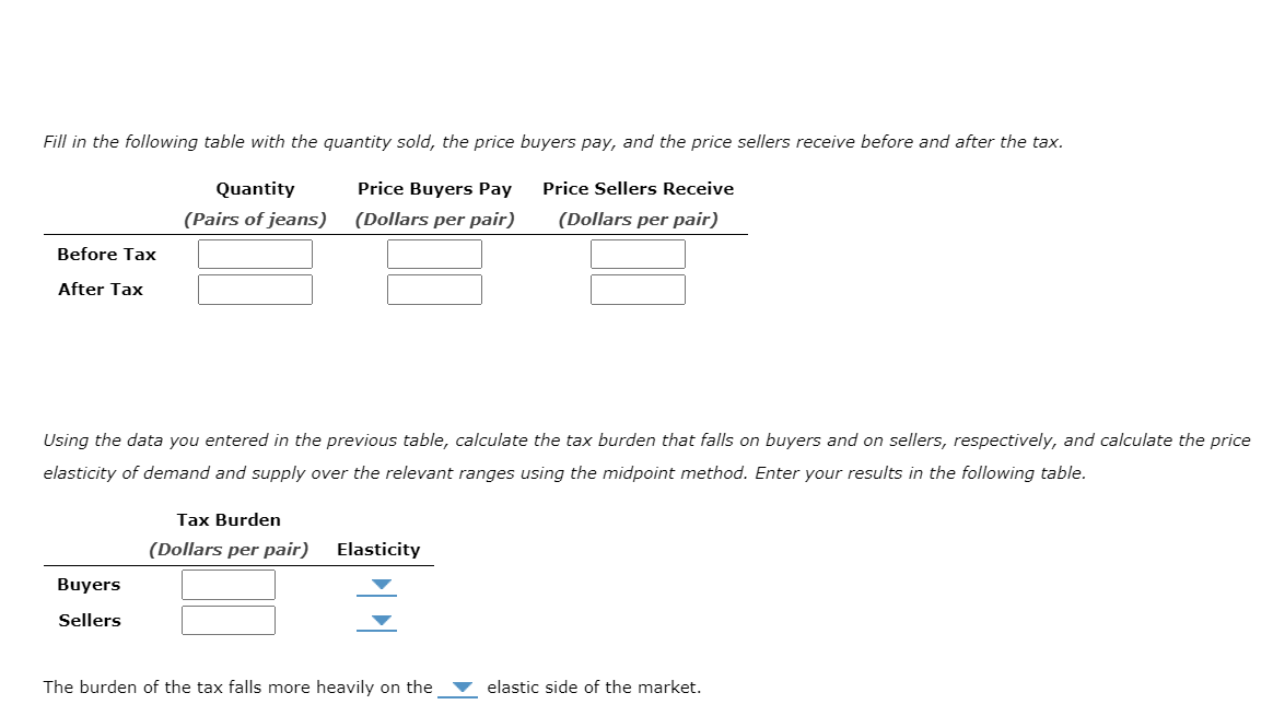 Fill in the following table with the quantity sold, the price buyers pay, and the price sellers receive before and after the tax.
Quantity
Price Buyers Pay
Price Sellers Receive
(Dollars per pair)
(Pairs of jeans) (Dollars per pair)
Before Tax
After Tax
Using the data you entered in the previous table, calculate the tax burden that falls on buyers and on sellers, respectively, and calculate the price
elasticity of demand and supply over the relevant ranges using the midpoint method. Enter your results in the following table.
Buyers
Sellers
Tax Burden
(Dollars per pair) Elasticity
The burden of the tax falls more heavily on the
elastic side of the market.