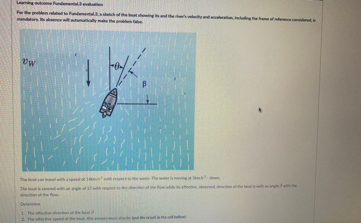 Learning outcome Fundamental.3 evaluation
For the problem related to Fundamental.3, a sketch of the boat showing its and the river's velocity and acceleration, including the frame of reference considered, is
mandatory. Its absence will automatically make the problem false.
VW
-0
DON
??
В
The boat can travel with a speed of 14km.h with respect to the water. The water is moving at 5km.h - down.
The boat is steered with an angle of 17 with respect to the direction of the flow while its effective, observed, direction of the boat is with an angle with the
direction of the flow...
Determine
1. The effective direction of the boat
2. The effective speed of the boat, this answer must also be (put the result in the cell bellow)