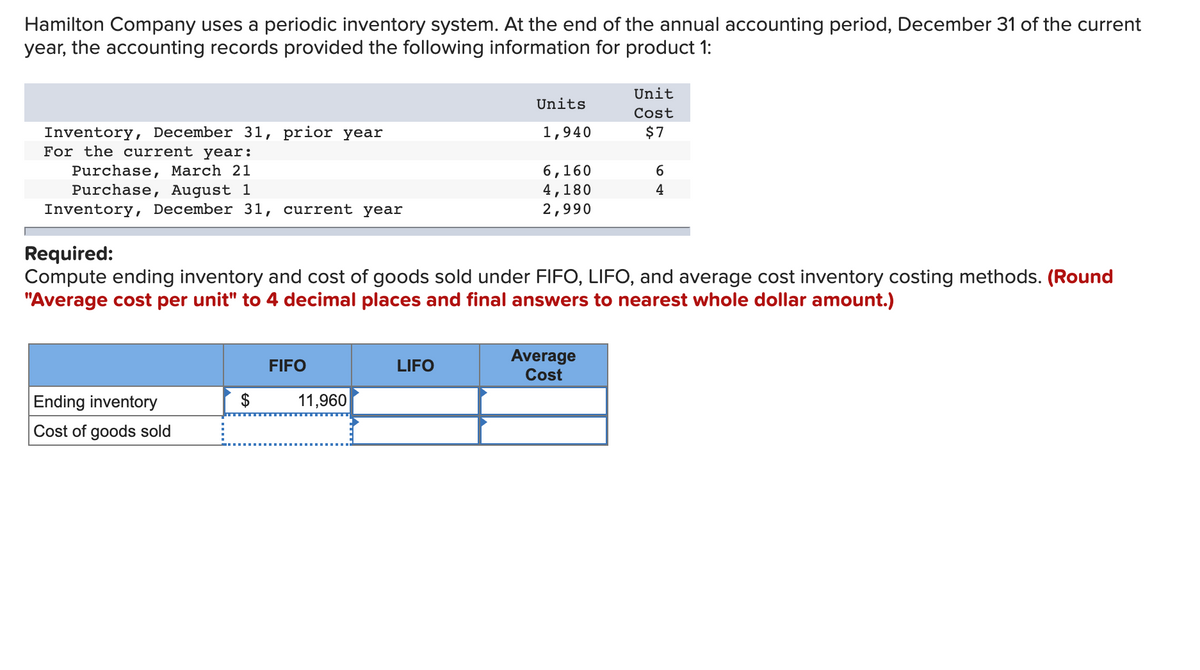 Hamilton Company uses a periodic inventory system. At the end of the annual accounting period, December 31 of the current
year, the accounting records provided the following information for product 1:
Unit
Units
Cost
Inventory, December 31, prior year
For the current year:
1,940
$7
Purchase, March 21
Purchase, August 1
Inventory, December 31, current year
6,160
4,180
2,990
6.
4
Required:
Compute ending inventory and cost of goods sold under FIFO, LIFO, and average cost inventory costing methods. (Round
"Average cost per unit" to 4 decimal places and final answers to nearest whole dollar amount.)
Average
Cost
FIFO
LIFO
Ending inventory
$
11,960
Cost of goods sold
