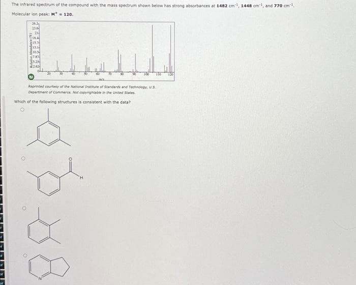 The infrared spectrum of the compound with the mass spectrum shown below has strong absorbances at 1482 cm, 1448 cm, and 770 cm²¹,
Molecular ion peak: M = 120.
363
216
21
FIRA
$13.3
13H
105
782
15.25
2263
100 ilo
120
Reprinted courtesy of the National Institute of Standards and Technology, U.S.
Department of Commerce. Not copyrightable in the United States
Which of the following structures is consistent with the data?