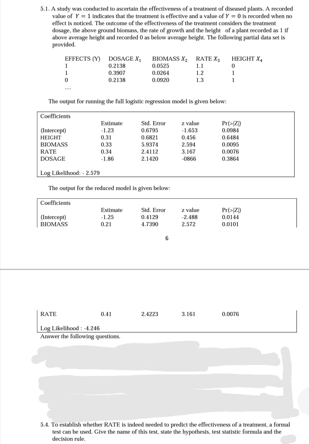 5.1. A study was conducted to ascertain the effectiveness of a treatment of diseased plants. A recorded
value of Y = 1 indicates that the treatment is effective and a value of Y = 0 is recorded when no
effect is noticed. The outcome of the effectiveness of the treatment considers the treatment
dosage, the above ground biomass, the rate of growth and the height of a plant recorded as 1 if
above average height and recorded 0 as below average height. The following partial data set is
provided.
EFFECTS (Y) DOSAGE X₁
0.2138
0.3907
0.2138
1
1
0
The output for running the full logistic regression model is given below:
Coefficients
(Intercept)
HEIGHT
BIOMASS
RATE
DOSAGE
Coefficients
RATE
(Intercept)
BIOMASS
Estimate
-1.23
0.31
0.33
0.34
-1.86
Log Likelihood: - 2.579
The output for the reduced model is given below:
Estimate
-1.25
0.21
BIOMASS X₂ RATE X3
0.0525
1.1
0.0264
1.2
0.0920
1.3
0.41
Log Likelihood: -4.246
Answer the following questions.
Std. Error
0.6795
0.6821
5.9374
2.4112
2.1420
Std. Error
0.4129
4.7390
2.4223
6
z value
-1.653
0.456
2.594
3.167
-0866
z value
-2.488
2.572
3.161
HEIGHT X4
0
1
1
Pr(>Z)
0.0984
0.6484
0.0095
0.0076
0.3864
Pr(>Z)
0.0144
0.0101
0.0076
5.4. To establish whether RATE is indeed needed to predict the effectiveness of a treatment, a formal
test can be used. Give the name of this test, state the hypothesis, test statistic formula and the
decision rule.