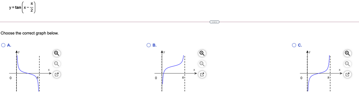 у 3Dtan| x —
...
Choose the correct graph below.
O A.
С.
X
X
TI
B.
