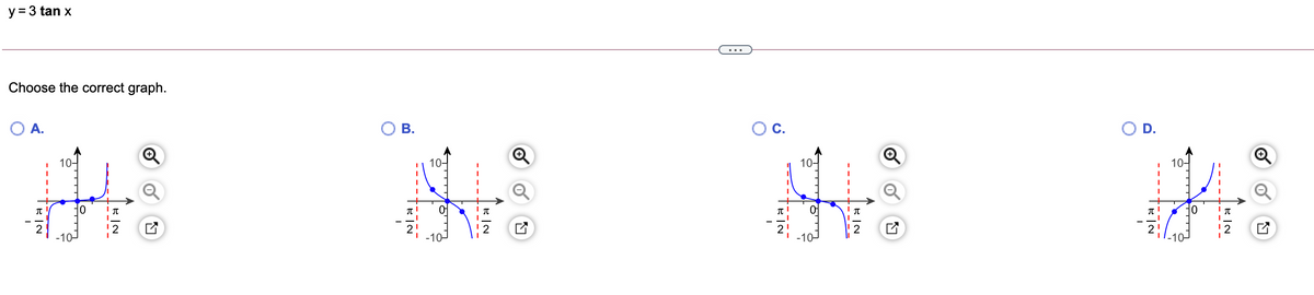 y = 3 tan x
Choose the correct graph.
O A.
В.
OC.
D.
10-
10-
10-
10-
10
10
-10-
10-
