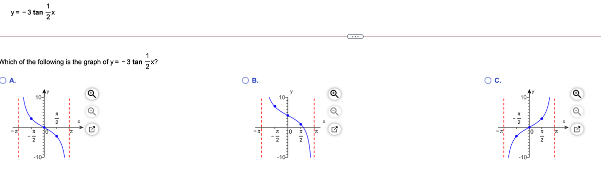 1
y = - 3 tan
X-
1
Which of the following is the graph of y = - 3 tan
O A.
OC.
Ay
10-
y
10-
-10-
-10-
-10-
B.
