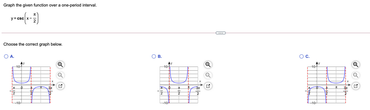 Graph the given function over a one-period interval.
y = csc| x-
...
Choose the correct graph below.
A.
В.
Ay
40-
Ay
10-
トy
10-
X
2
2
-10-
-40
40-
