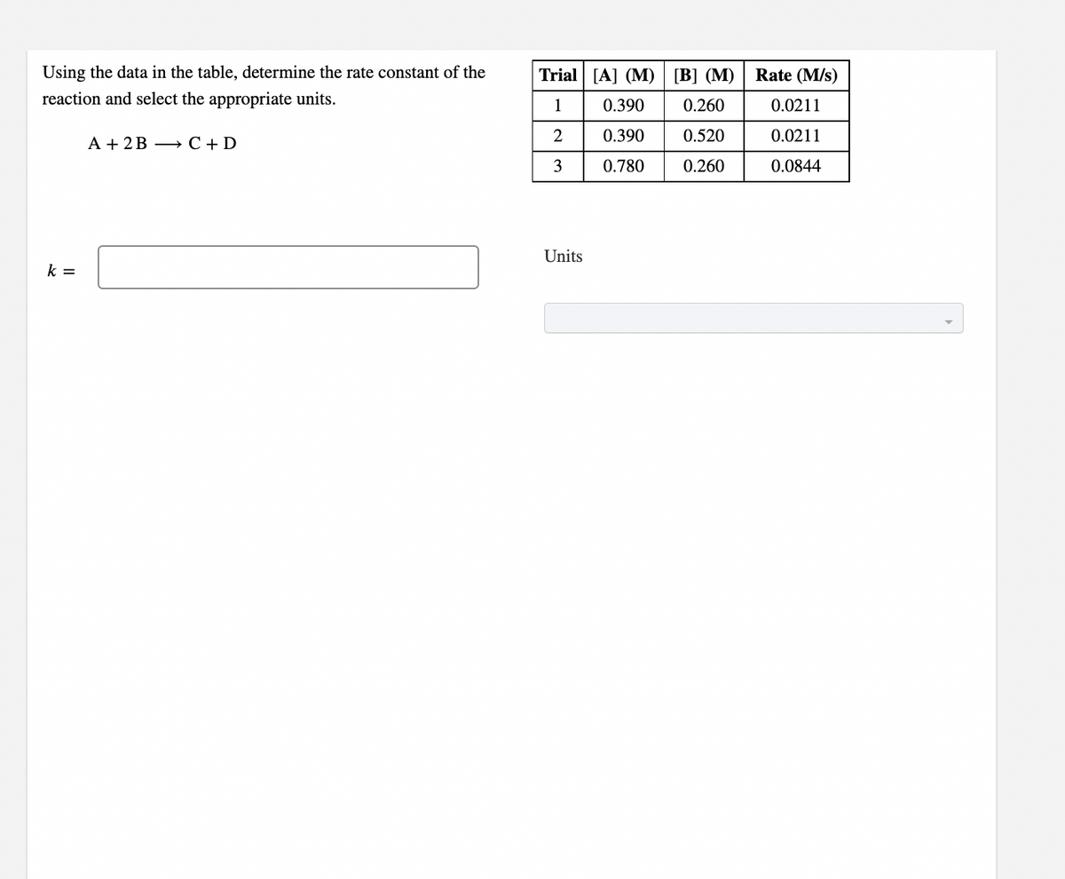 Using the data in the table, determine the rate constant of the
Trial [A] (M) [B] (M)
Rate (M/s)
reaction and select the appropriate units.
1
0.390
0.260
0.0211
0.390
0.520
0.0211
А + 2B — С + D
3
0.780
0.260
0.0844
Units
k =
