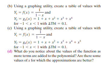 (b) Using a graphing utility, create a table of values with
Y = f(x) = -
and
1-x
%3D
Y, = g,(x) = 1 + x + x² + x + x*
for -1 <x<1 with ATbl = 0.1.
(c) Using a graphing utility, create a table of values with
1
and
1- x
Y = f(x) =
Y, = g4(x) = 1 + x + x² + x* + x* + x
for -1 <x< 1 with ATbl = 0.1.
(d) What do you notice about the values of the function as
more terms are added to the polynomial? Are there some
values of x for which the approximations are better?
