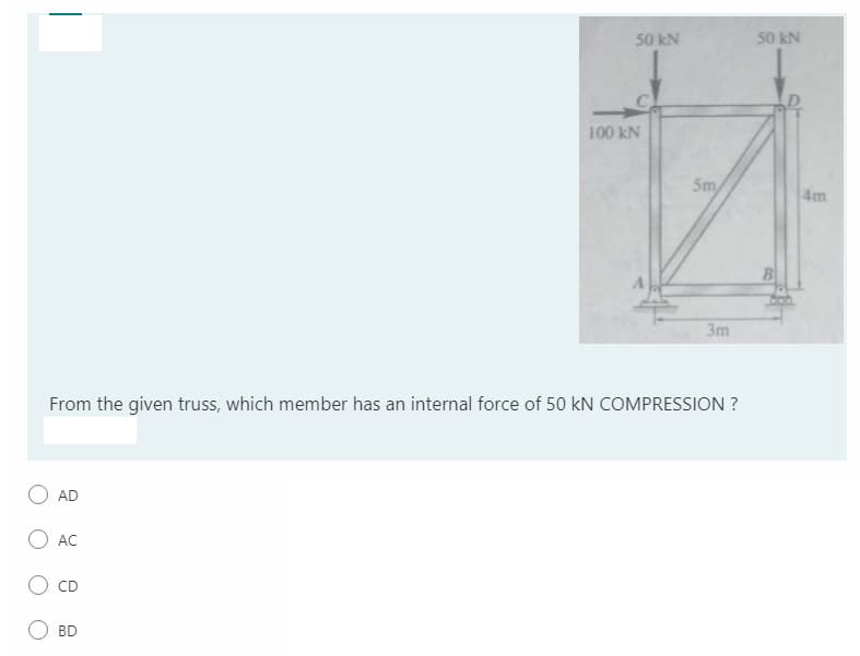 50 kN
50 kN
100 kN
Sm
4m
3m
From the given truss, which member has an internal force of 50 kN COMPRESSION ?
AD
AC
CD
BD
