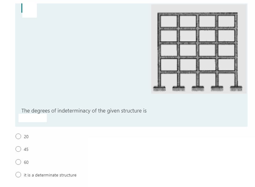 The degrees of indeterminacy of the given structure is
20
45
60
it is a determinate structure
